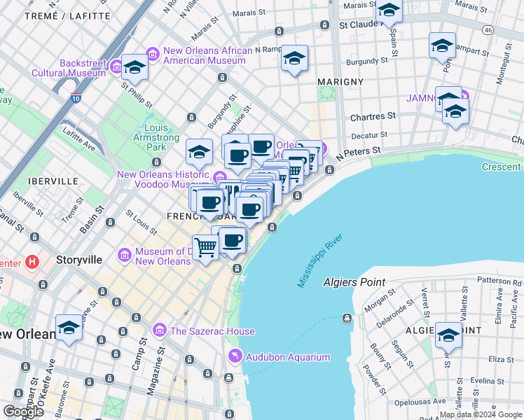 map of restaurants, bars, coffee shops, grocery stores, and more near 820 Decatur Street in New Orleans