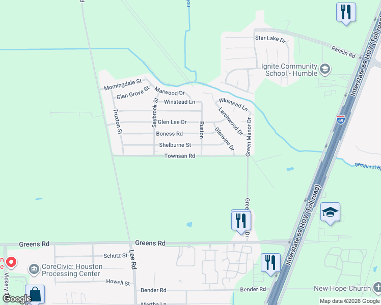 map of restaurants, bars, coffee shops, grocery stores, and more near 6059 Shelburne Street in Humble