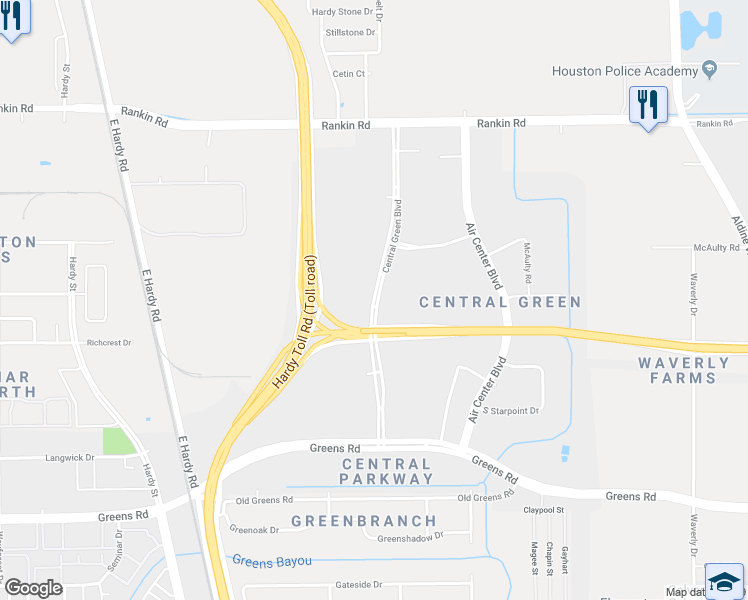 map of restaurants, bars, coffee shops, grocery stores, and more near Central Green Boulevard in Houston