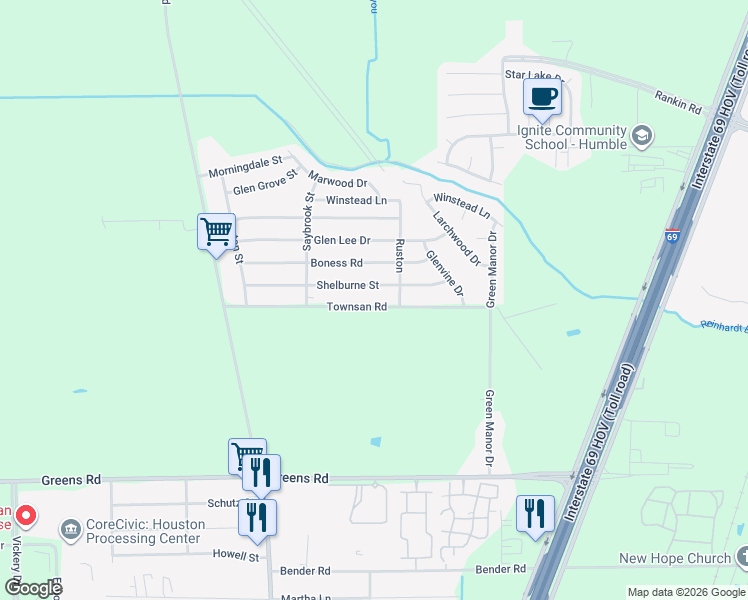 map of restaurants, bars, coffee shops, grocery stores, and more near 6059 Shelburne Street in Humble