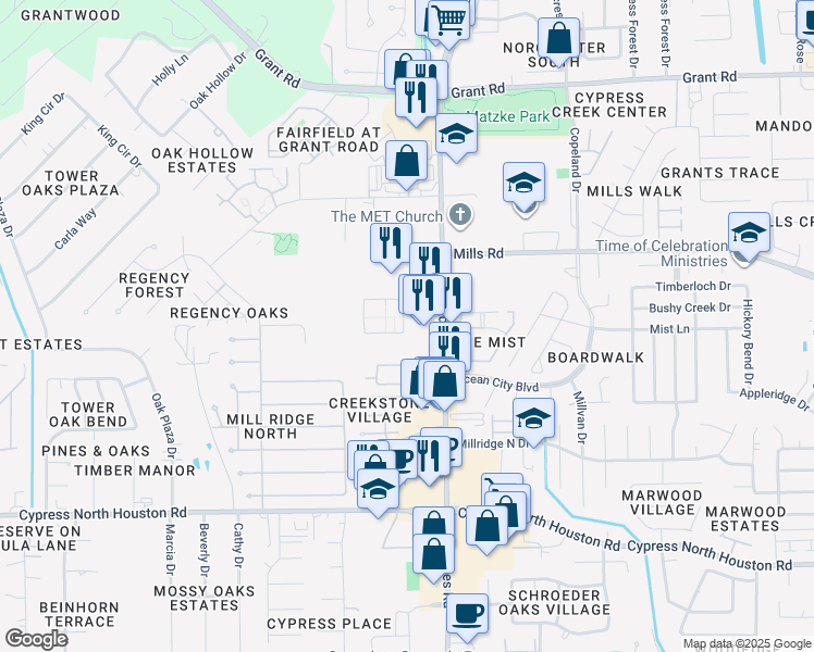 map of restaurants, bars, coffee shops, grocery stores, and more near 11020 Saathoff Drive in Cypress