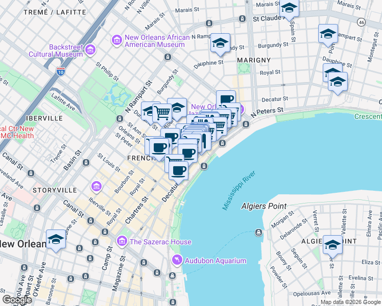 map of restaurants, bars, coffee shops, grocery stores, and more near 523 Dumaine Street in New Orleans