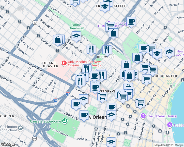 map of restaurants, bars, coffee shops, grocery stores, and more near in New Orleans