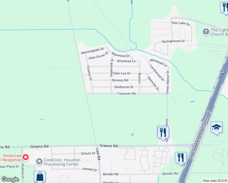 map of restaurants, bars, coffee shops, grocery stores, and more near 5931 Shelburne Street in Humble