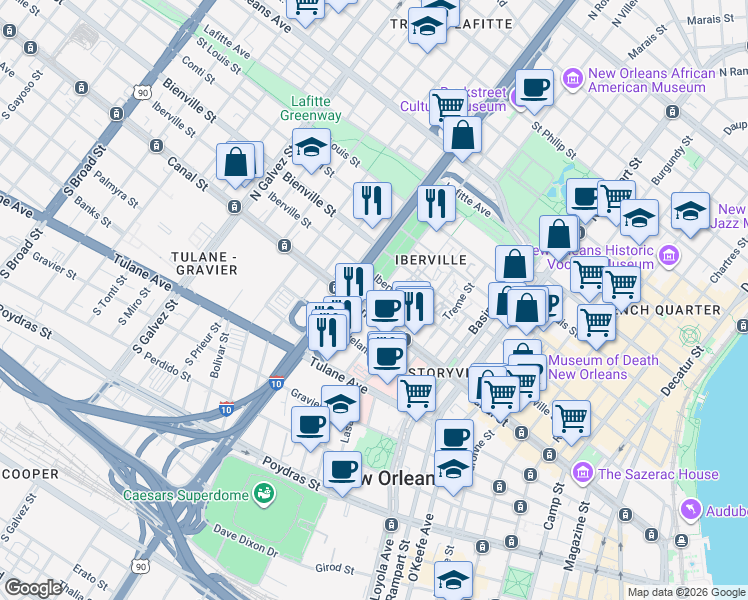map of restaurants, bars, coffee shops, grocery stores, and more near in New Orleans