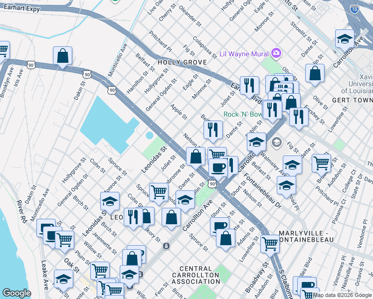 map of restaurants, bars, coffee shops, grocery stores, and more near 2501 Joliet Street in New Orleans