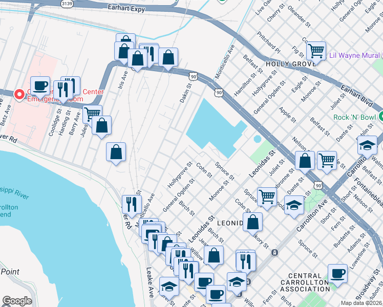 map of restaurants, bars, coffee shops, grocery stores, and more near 1915 Hamilton Street in New Orleans