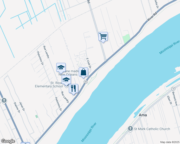 map of restaurants, bars, coffee shops, grocery stores, and more near 107 East Club Drive in Saint Rose