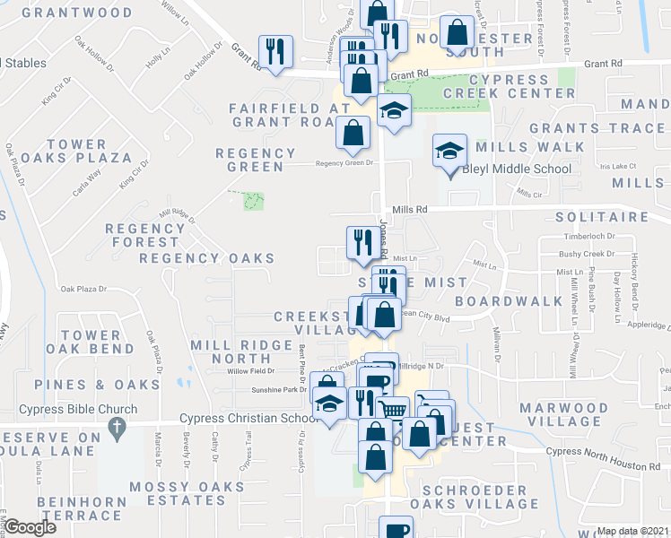 map of restaurants, bars, coffee shops, grocery stores, and more near 11111 Saathoff Drive in Cypress