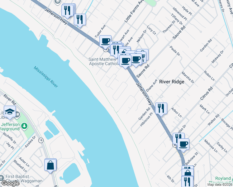 map of restaurants, bars, coffee shops, grocery stores, and more near 132 West Henfer Avenue in River Ridge