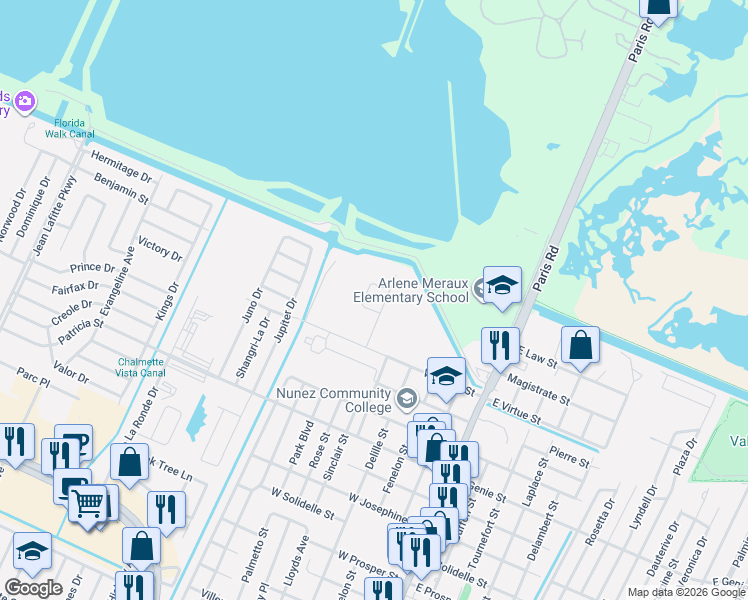 map of restaurants, bars, coffee shops, grocery stores, and more near 4000 Rose Avenue in Chalmette