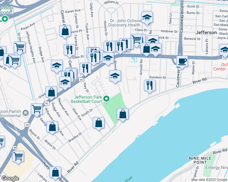 map of restaurants, bars, coffee shops, grocery stores, and more near 240 Riverdale Drive in Jefferson