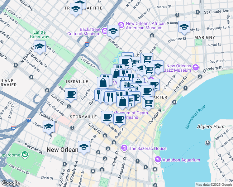 map of restaurants, bars, coffee shops, grocery stores, and more near 542 North Rampart Street in New Orleans