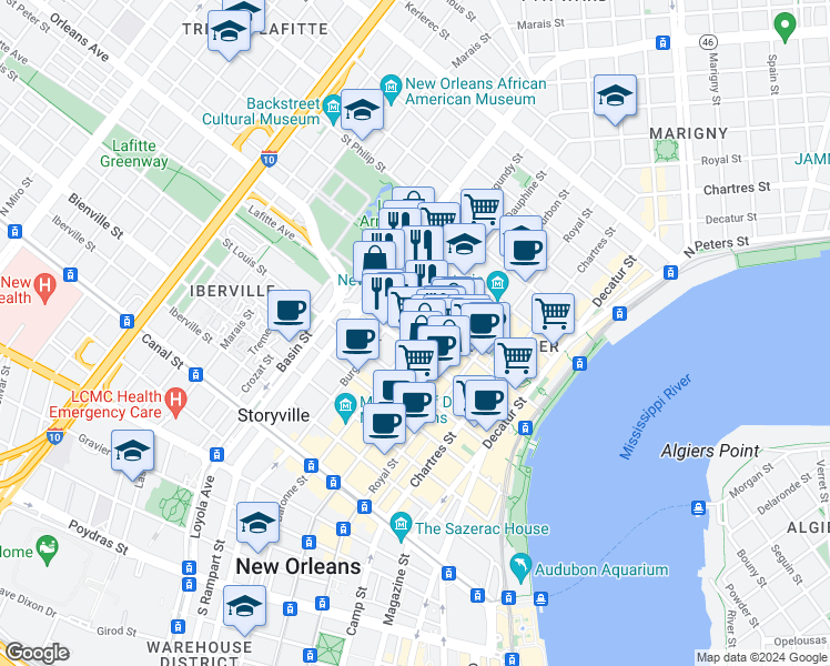 map of restaurants, bars, coffee shops, grocery stores, and more near 632 Burgundy Street in New Orleans