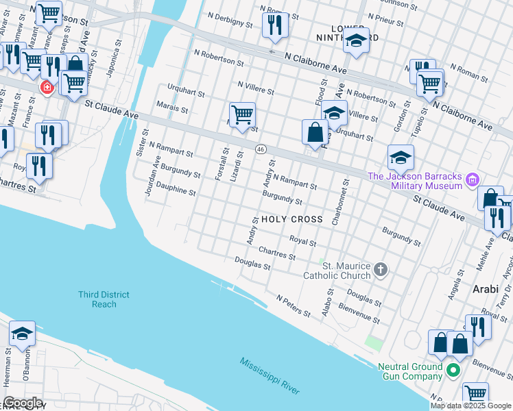 map of restaurants, bars, coffee shops, grocery stores, and more near 8 Dauphine Street in New Orleans