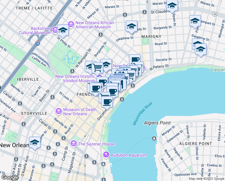 map of restaurants, bars, coffee shops, grocery stores, and more near 538 Saint Philip Street in New Orleans