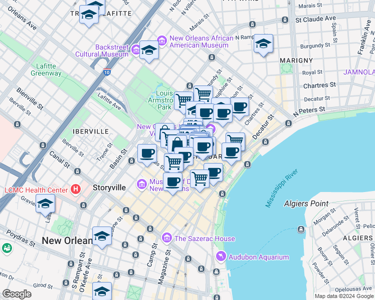 map of restaurants, bars, coffee shops, grocery stores, and more near 839 Saint Ann Street in New Orleans
