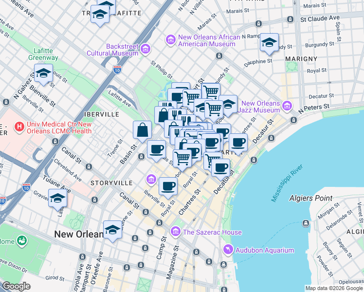 map of restaurants, bars, coffee shops, grocery stores, and more near 632 Burgundy Street in New Orleans