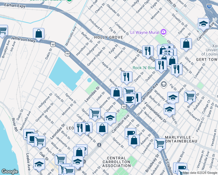 map of restaurants, bars, coffee shops, grocery stores, and more near 2501 Joliet Street in New Orleans