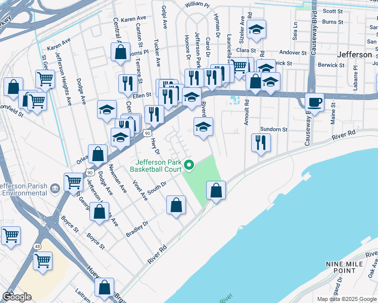 map of restaurants, bars, coffee shops, grocery stores, and more near 333 Riverdale Drive in Jefferson
