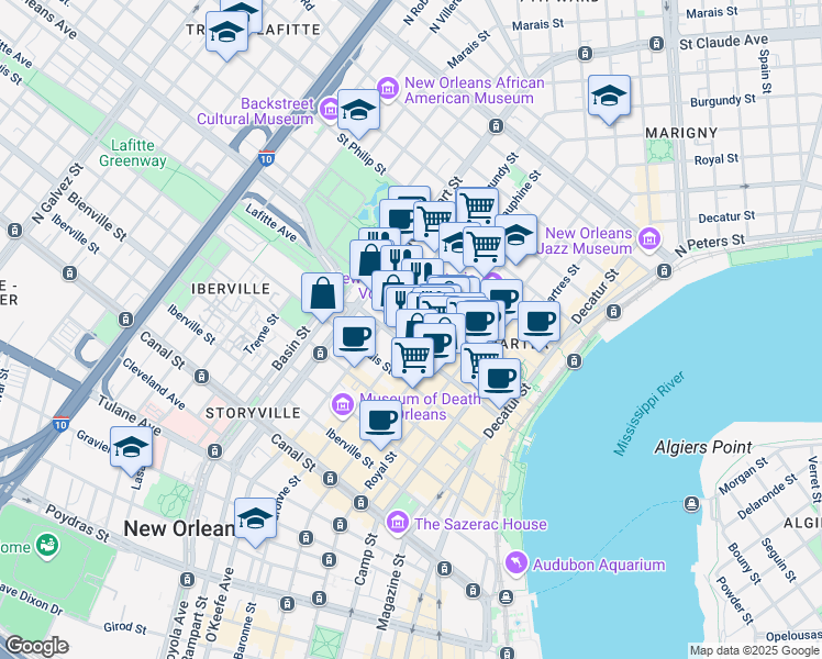 map of restaurants, bars, coffee shops, grocery stores, and more near 619 Dauphine Street in New Orleans