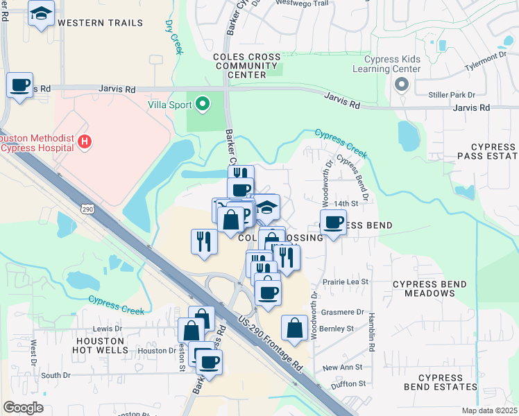 map of restaurants, bars, coffee shops, grocery stores, and more near 12384 Barker Cypress Road in Cypress