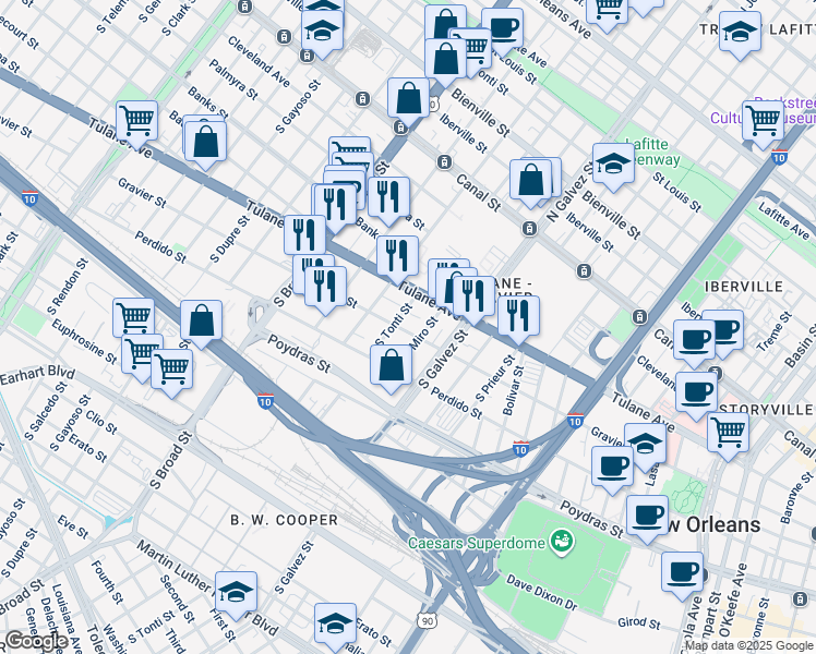 map of restaurants, bars, coffee shops, grocery stores, and more near 2323 Gravier Street in New Orleans