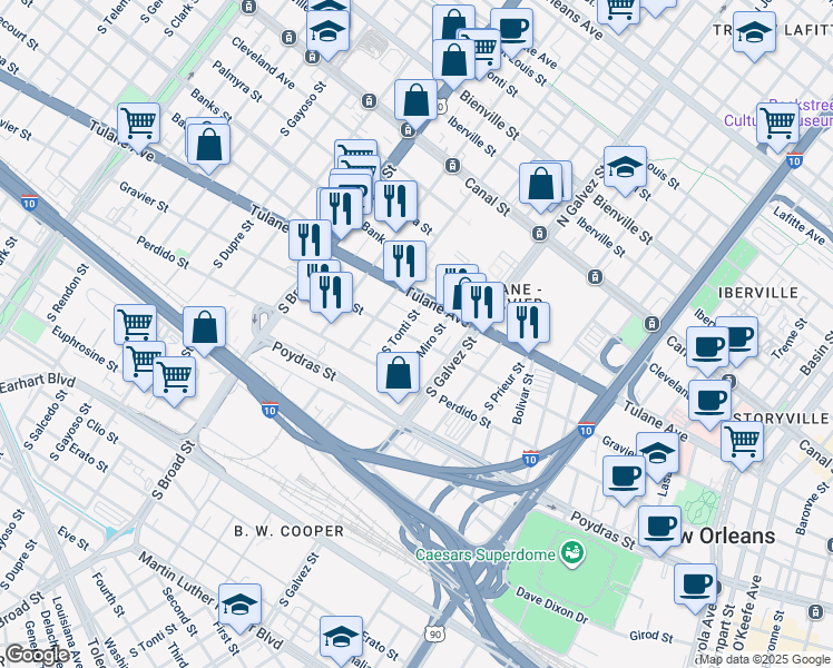 map of restaurants, bars, coffee shops, grocery stores, and more near 2321 Gravier Street in New Orleans