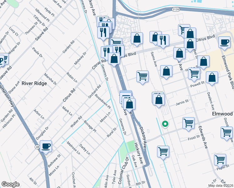 map of restaurants, bars, coffee shops, grocery stores, and more near 1428 Hickory Avenue in Harahan