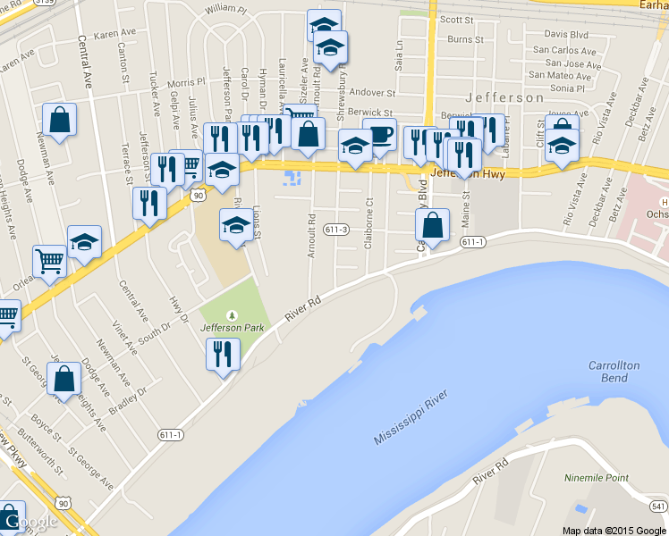 map of restaurants, bars, coffee shops, grocery stores, and more near 200 Shrewsbury Road in Jefferson