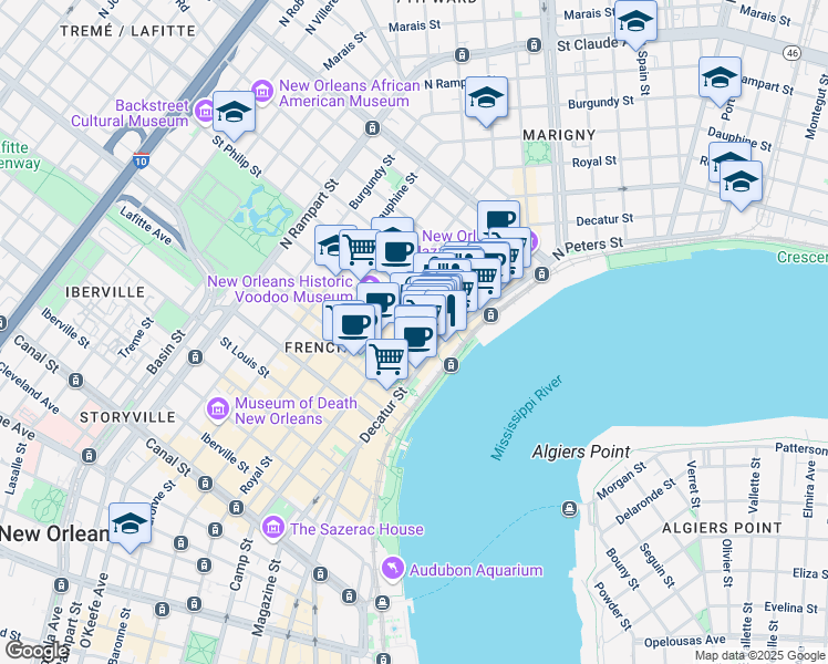 map of restaurants, bars, coffee shops, grocery stores, and more near 539 Dumaine Street in New Orleans