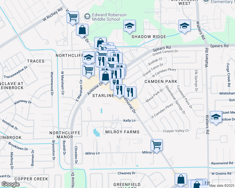 map of restaurants, bars, coffee shops, grocery stores, and more near 12048 Veterans Memorial Drive in Houston