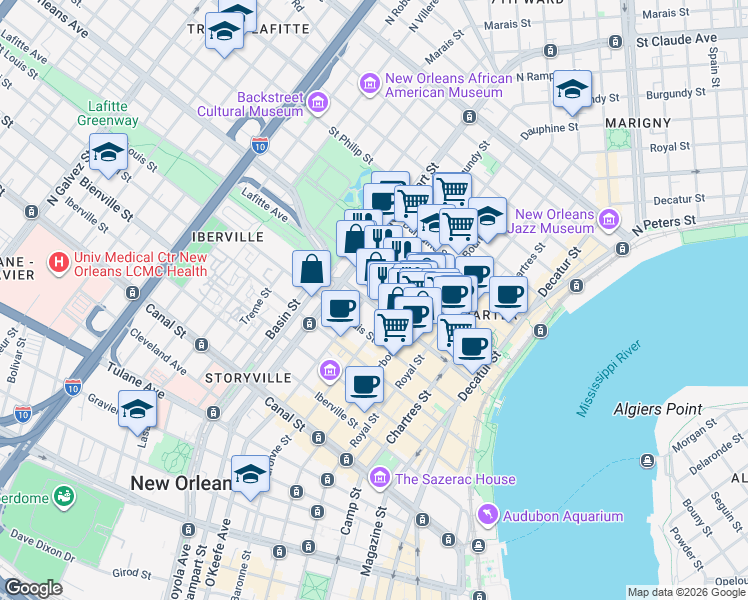 map of restaurants, bars, coffee shops, grocery stores, and more near 632 Burgundy Street in New Orleans