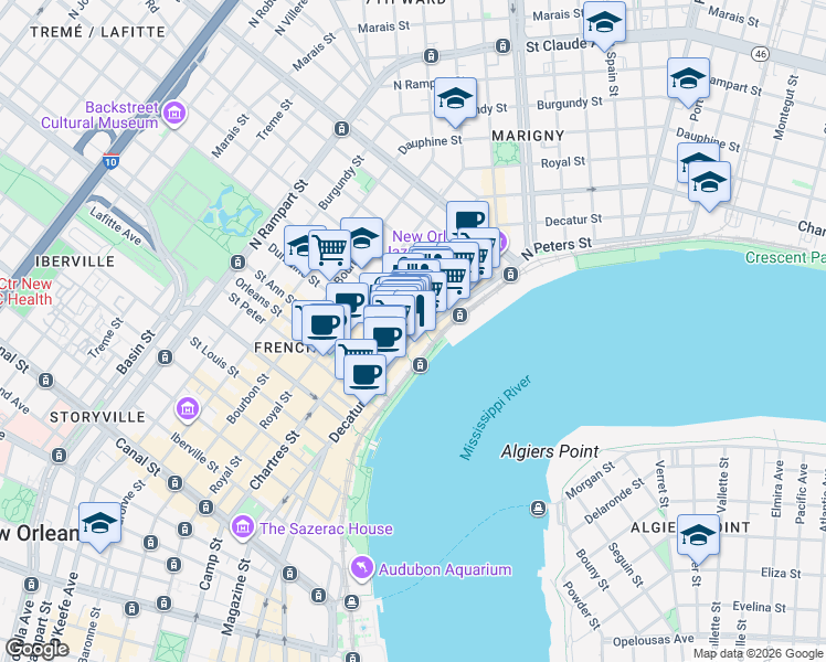 map of restaurants, bars, coffee shops, grocery stores, and more near 933 Decatur Street in New Orleans