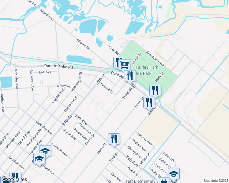 map of restaurants, bars, coffee shops, grocery stores, and more near 3800 Russell Street in Groves