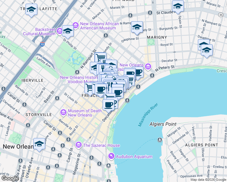 map of restaurants, bars, coffee shops, grocery stores, and more near 902 Royal Street in New Orleans