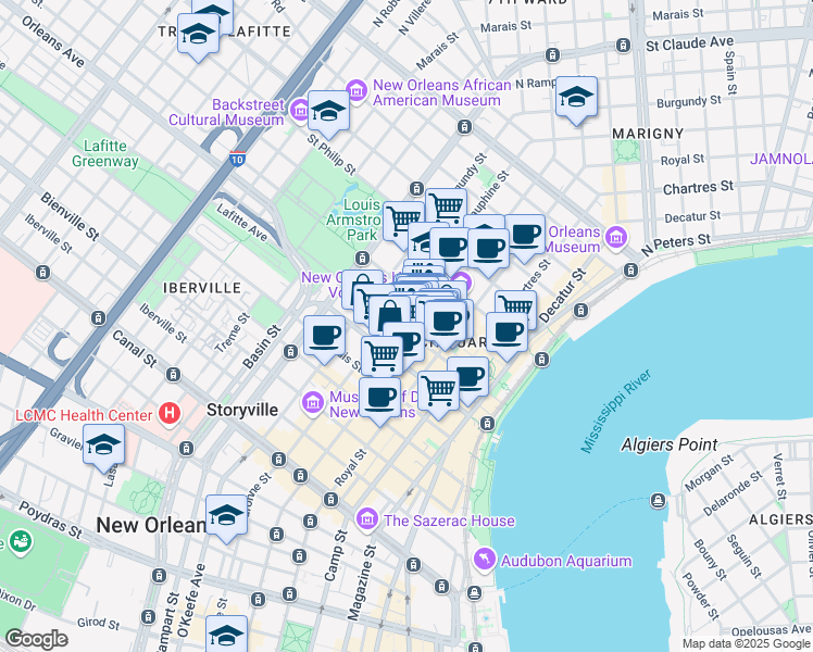 map of restaurants, bars, coffee shops, grocery stores, and more near 839 Saint Ann Street in New Orleans