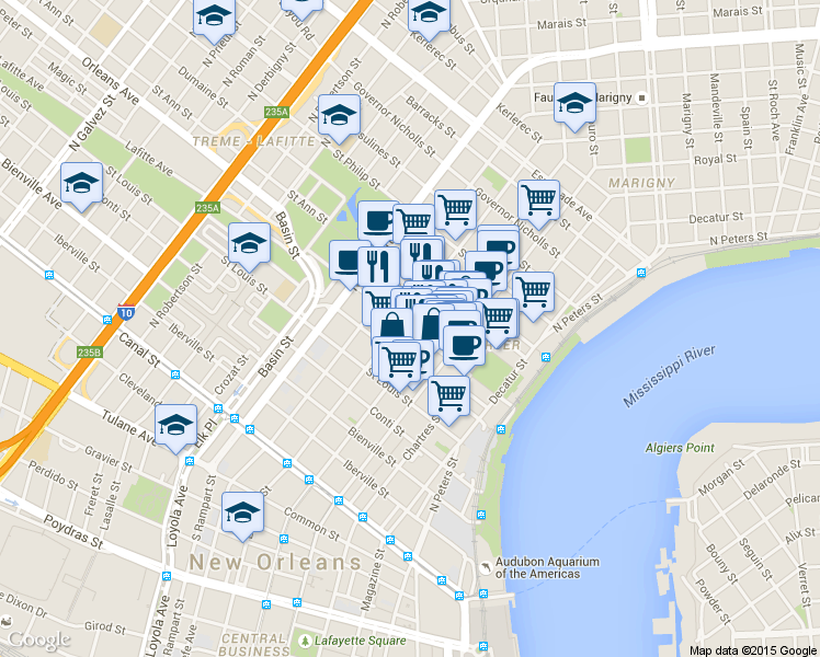 map of restaurants, bars, coffee shops, grocery stores, and more near 839 Saint Ann Street in New Orleans