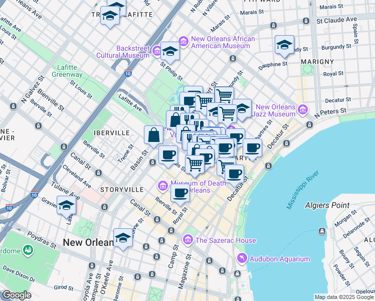 map of restaurants, bars, coffee shops, grocery stores, and more near 632 Burgundy Street in New Orleans