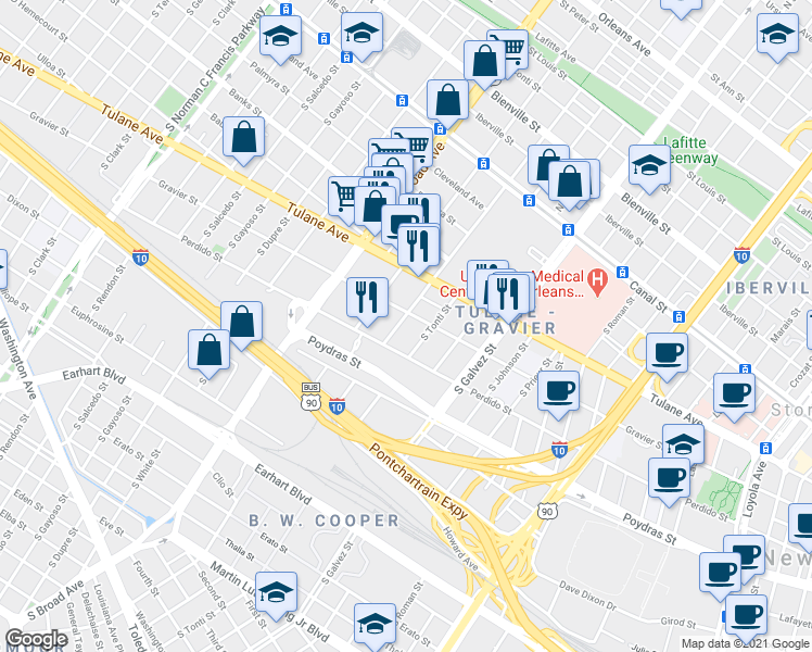 map of restaurants, bars, coffee shops, grocery stores, and more near 2433 Gravier Street in New Orleans