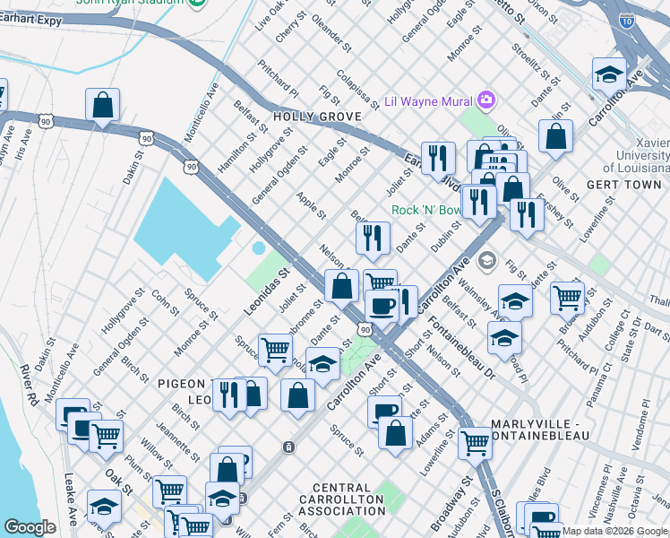 map of restaurants, bars, coffee shops, grocery stores, and more near 2501 Joliet Street in New Orleans