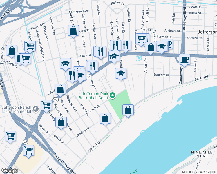 map of restaurants, bars, coffee shops, grocery stores, and more near 1903 Audubon Trace in Jefferson