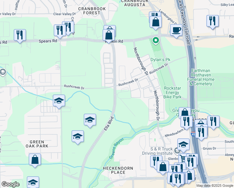 map of restaurants, bars, coffee shops, grocery stores, and more near 12211 Ella Boulevard in Houston