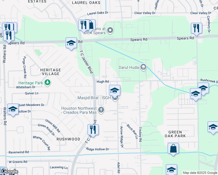 map of restaurants, bars, coffee shops, grocery stores, and more near 1675 Hugh Road in Houston