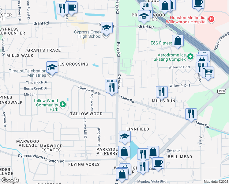 map of restaurants, bars, coffee shops, grocery stores, and more near 12803 Perry Road in Houston