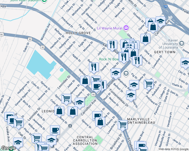 map of restaurants, bars, coffee shops, grocery stores, and more near 8336 Apple Street in New Orleans