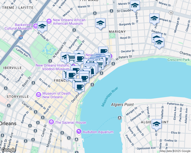 map of restaurants, bars, coffee shops, grocery stores, and more near 13 French Market Place in New Orleans