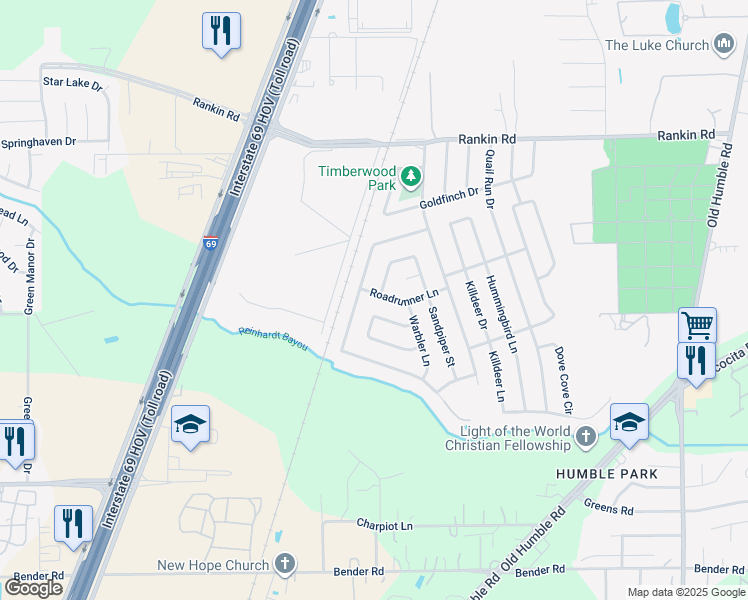 map of restaurants, bars, coffee shops, grocery stores, and more near 7310 Roadrunner Lane in Humble
