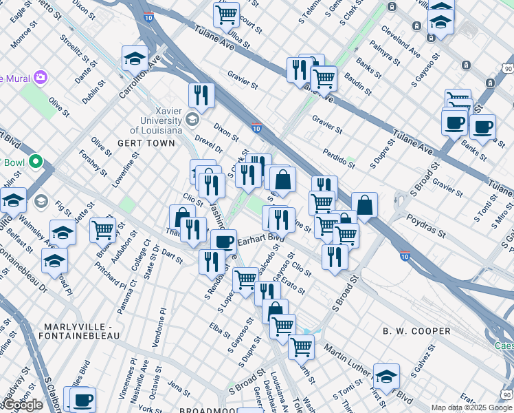 map of restaurants, bars, coffee shops, grocery stores, and more near 1050 South Jefferson Davis Parkway in New Orleans