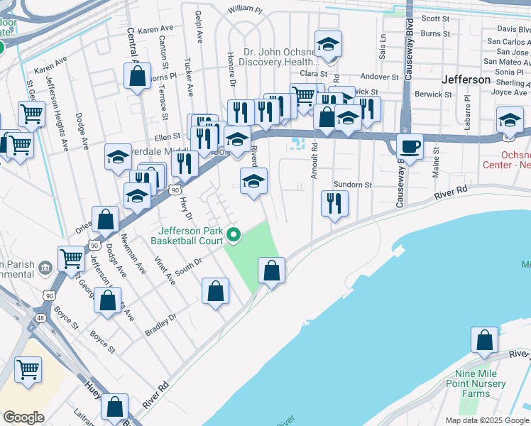map of restaurants, bars, coffee shops, grocery stores, and more near 240 Riverdale Drive in Jefferson